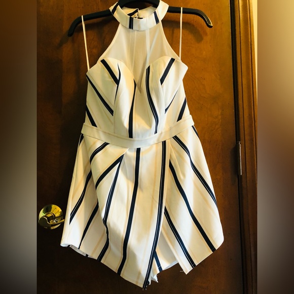 Luxxel size Large romper. Blue, white, tan stripes. Lined, mesh top. Sleeveless - Picture 1 of 7